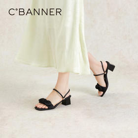 千百度蝴蝶结时装凉鞋女夏季中跟配裙子凉拖鞋A24381101