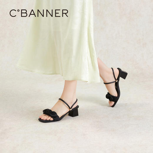 千百度蝴蝶结时装凉鞋女夏季中跟配裙子凉拖鞋A24381101 商品图0