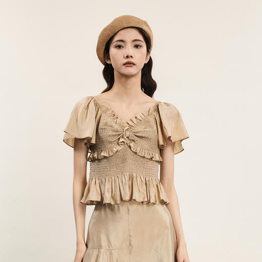 谜底短袖修身上衣女2024夏季新品浪漫蝴蝶结木耳边小衫242MS0577 商品图0