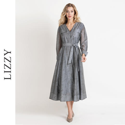 LIZZY法式优雅手绘印花工装风高级感气质V领大摆连衣裙8025 商品图1