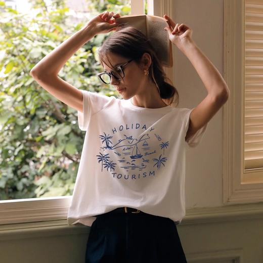 OLrain欧芮儿米白色T恤女早春2024年新款简约百搭印花圆领短袖 商品图1