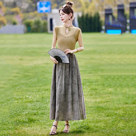 HRFS-1860夏季上新气质时尚复古优雅舒适透气印花半裙两件套