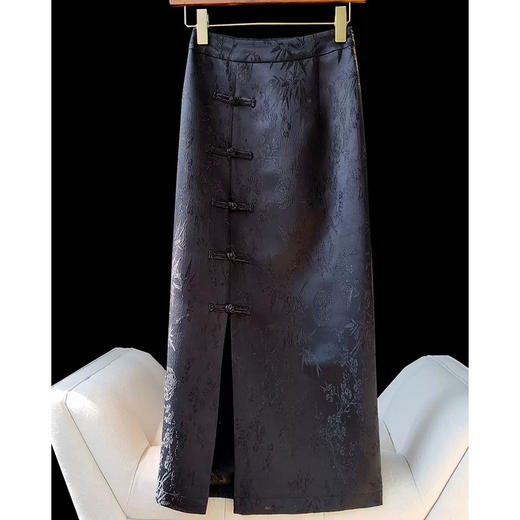 黑色改良新中式国风盘扣包臀裙秋冬新款复古提花高腰显瘦半身裙女_ym 商品图5