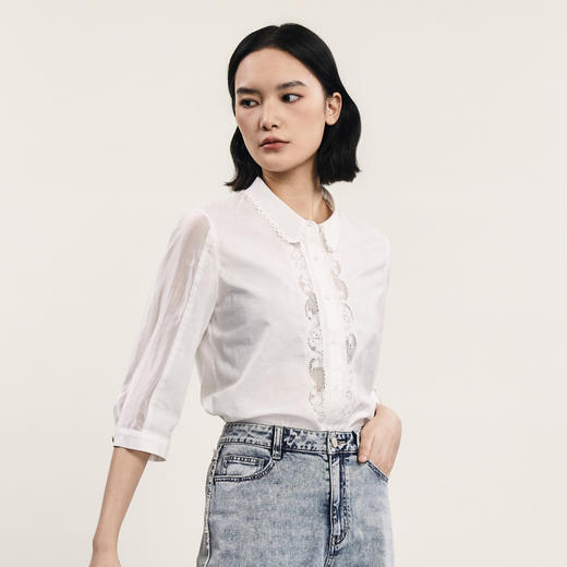 谜底白衬衫七分袖女2024年夏季新品通勤风提花宽松衬衣242MC0668 商品图1