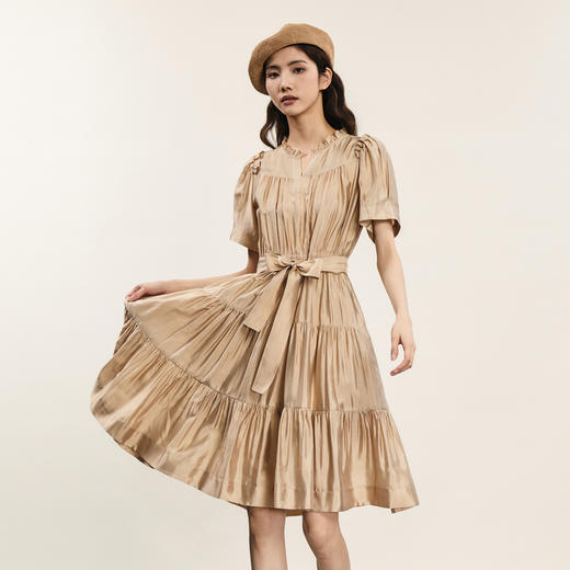 谜底荷叶边连衣裙2024夏季新品复古文艺风中长裙配腰带242ML0564 商品图1