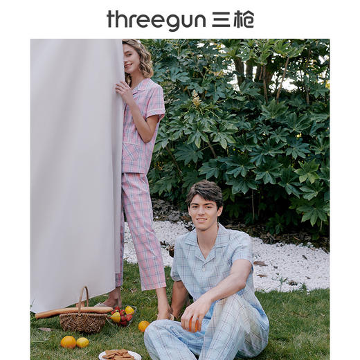Threegun三枪 【丝光棉】彩格翻领开襟短袖长裤男士家居套睡衣家居服-80777D911 商品图4
