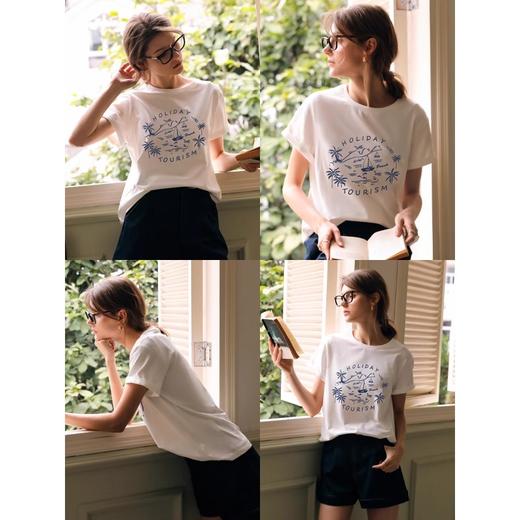 OLrain欧芮儿米白色T恤女早春2024年新款简约百搭印花圆领短袖 商品图2