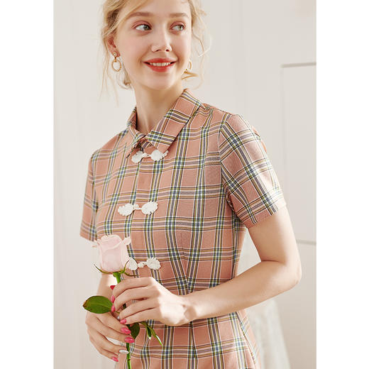 欧芮儿2020夏装新款格子连衣裙女短袖气质收腰显瘦中长款A字裙 商品图2