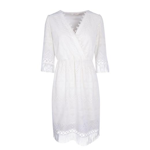 欧芮儿欧芮儿 2018夏收腰镂空流苏V领白色蕾丝连衣裙女中长款 商品图4