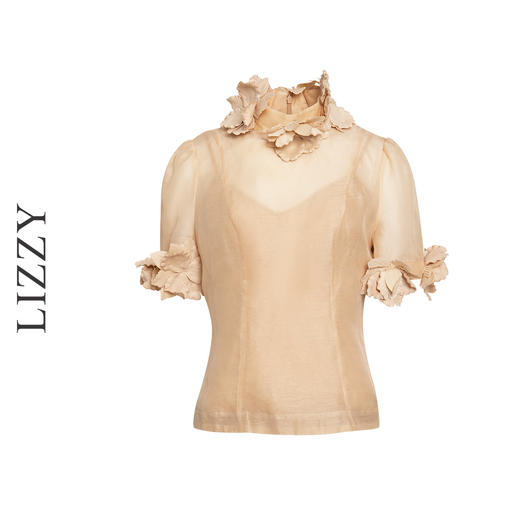 LIZZY 优雅名媛风时尚丝麻立体花短袖修身浪漫上衣{配吊带}7987 商品图4