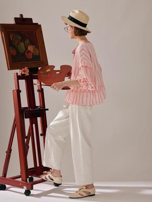 浮生八记/24A019/法式重工定位粉色条纹白色棉撞色刺绣衬衫 商品图0