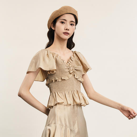 谜底短袖修身上衣女2024夏季新品浪漫蝴蝶结木耳边小衫242MS0577 商品图1