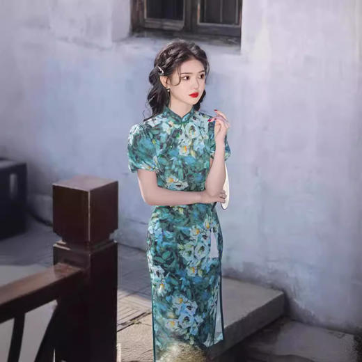 泡泡袖双层仿丝印花中长款旗袍，高端精致修身显瘦旗袍SJT648 商品图2