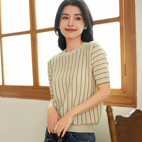 纤束马法式知性竖条纹短袖T恤 YRT-716