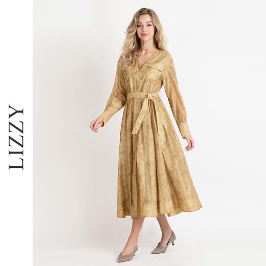 LIZZY法式优雅手绘印花工装风高级感气质V领大摆连衣裙8025 商品图2