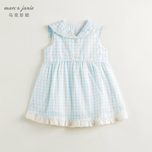 马克珍妮2024年夏装新款女童海军风格纹蕾丝花边短袖连衣裙240661 商品图1