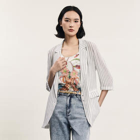 谜底条纹西装外套女2024年夏款复古通勤薄款中长款西服242MW0700