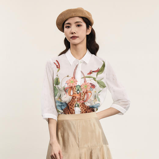 谜底印花衬衫七分袖女2024年夏款复古文艺原创拼接衬衣242MC0686 商品图0