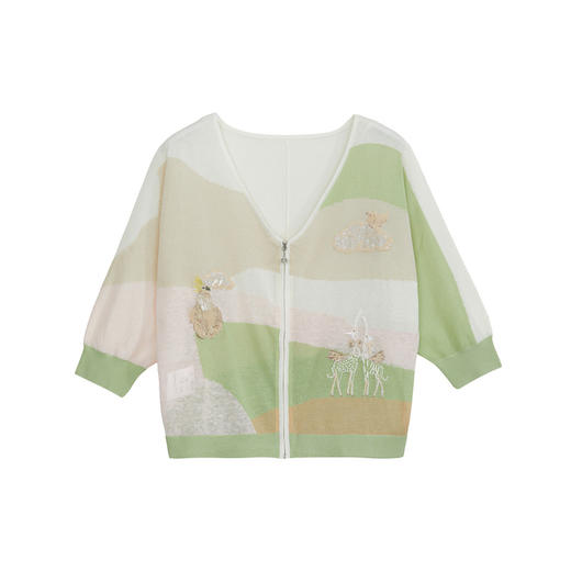 谜底V领针织开衫中袖女2024夏季新品复古文艺风宽松上衣242MZ0870 商品图4