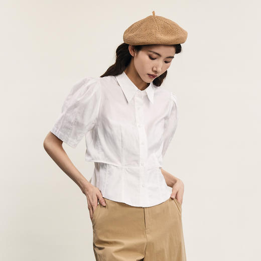 谜底白衬衫短袖女2024夏季新品通勤风设计感泡泡袖衬衣242MC0640 商品图1
