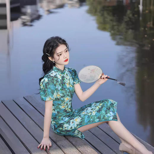 泡泡袖双层仿丝印花中长款旗袍，高端精致修身显瘦旗袍SJT648 商品图3