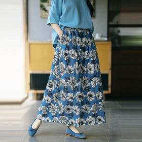 绽放253朵/高支亚麻手绘楝花复古文艺宽松休闲阔腿