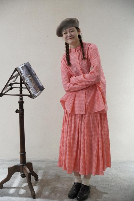 apuntob 粉红格纹弹性腰百褶裙半身裙 商品图6