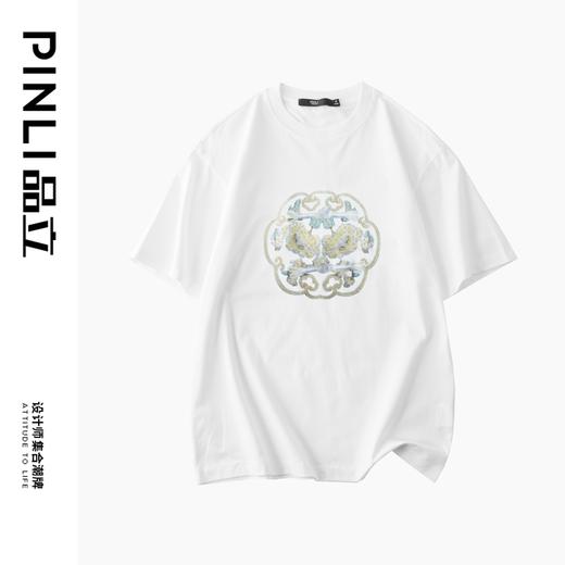PINLI品立2024新中式夏季新款男烫钻烫画圆领短袖T恤BG242111020 商品图4