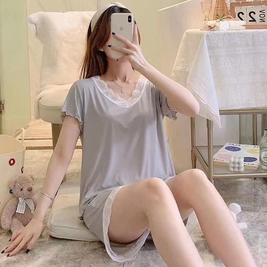 【超亲肤！蕾丝边睡衣套装】可外穿的家居服，好看到想穿出街！夏季薄款纯色韩版休闲宽松短袖睡衣睡裤两件套女 商品图6
