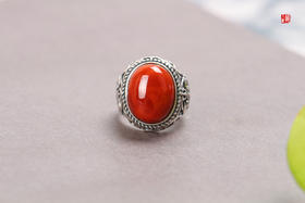 南红戒指【丹颜】，925银镶