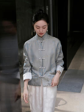 瑕疵| 盛唐牡丹 |桃之夭夭蓝灰色真丝双面穿外套(不夹棉) [特价品]