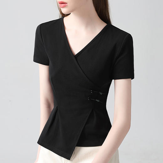 短袖交叉v领盘扣棉体恤，不规则下摆收腰上衣XY-T4X0638-TJ 商品图3