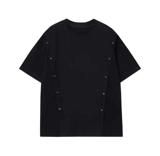 T607春夏设计师新款网格拼接铆钉设计纯色水洗短袖T恤宽松百搭潮 商品图1