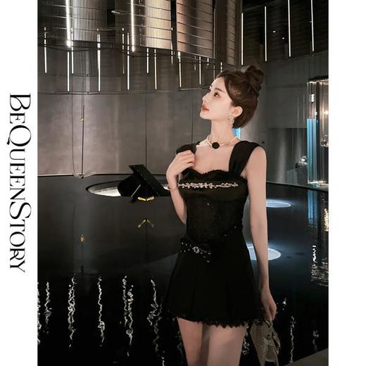 BeQueenStory【黑曜洛可可】绣花蕾丝内衬胸垫可脱卸钻链修身吊带夏 商品图0