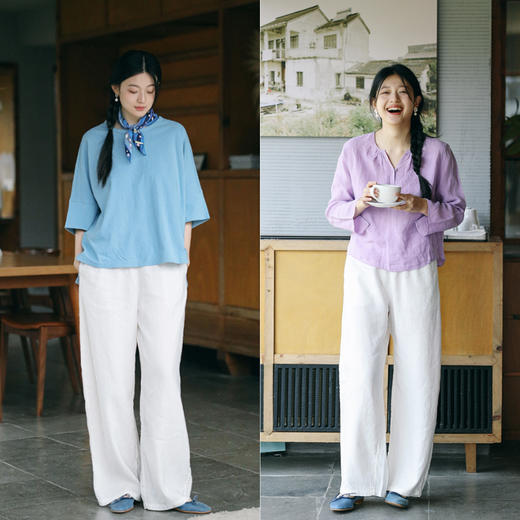 绽放194朵/高端斜纹天丝高支亚麻白色全要松紧宽松弯刀阔腿休闲裤 商品图2