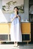 绽放231朵/亚麻色织条纹斜向蓝白拼接V领连身短袖套头休闲连衣裙 商品缩略图5