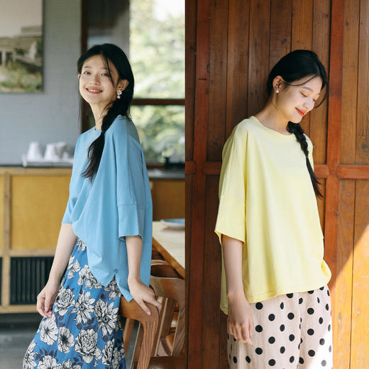 绽放214朵/2024夏季新款设计感前短后长侧边开衩宽松休闲T恤 商品图0