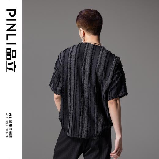 PINLI品立夏季新款竖条纹短袖T恤潮牌宽松流苏时尚休闲体恤衫B242111068 商品图2