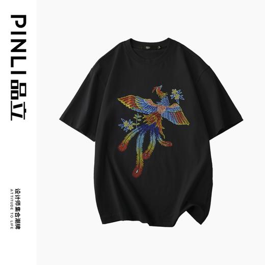 PINLI品立新中式2024夏季新款烫钻凤凰短袖T恤男士国潮休闲体恤BG242111038 商品图4