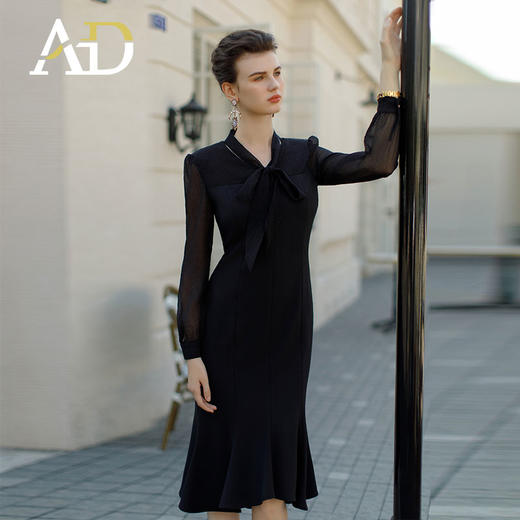 AD2024早春新款连衣裙女气质黑色网纱长袖裙子风情万种包臀鱼尾裙 商品图1
