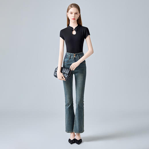 中式短袖t恤，国风复古盘扣镂空收腰水滴领上衣XY-DY3403560-HYS 商品图2