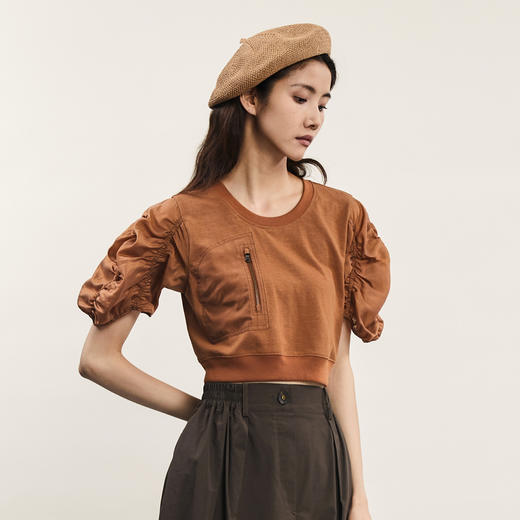 谜底拼接式短款T恤女2024年夏款时尚百搭泡泡袖上衣短袖242MT0567 商品图1