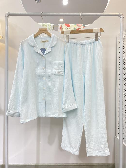 女款绉布纱长袖套装 大码男女情侣款睡衣全棉纱布纯色长袖长裤家居服松植屋品牌设计款 商品图14