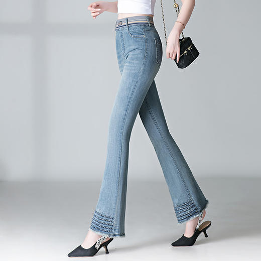 时尚百搭，烫钻微喇松紧高腰长款毛边牛仔裤MYX-9052 商品图1