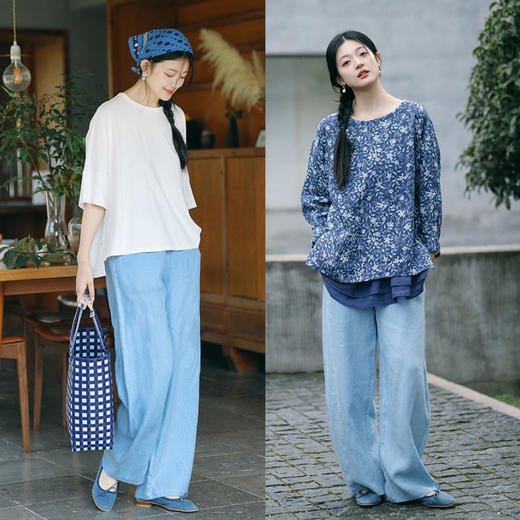 绽放194朵/高端斜纹天丝高支亚麻白色全要松紧宽松弯刀阔腿休闲裤 商品图3
