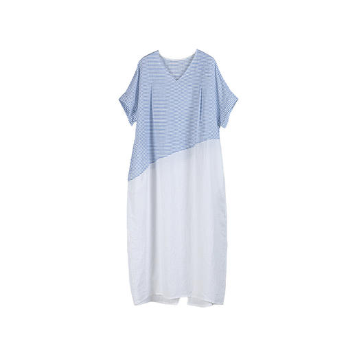 绽放231朵/亚麻色织条纹斜向蓝白拼接V领连身短袖套头休闲连衣裙 商品图4