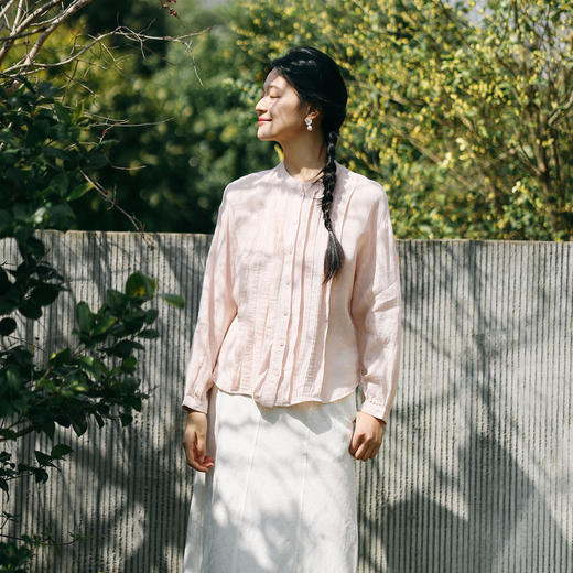 绽放195朵/高端细支亚麻立领塔克收腰显瘦宽松休闲淡粉色衬衫 商品图1