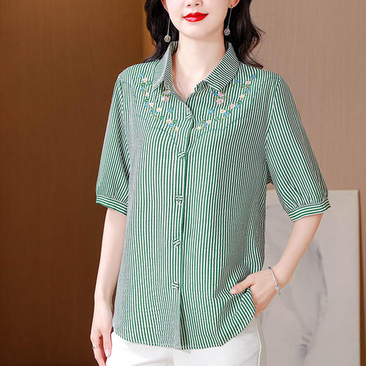 KQL-A83N9018夏季新款重工刺绣短袖衬衫女宽松条纹韩版刺绣棉麻衬衣 商品图1