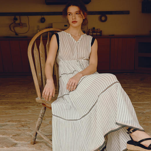 谜底条纹连衣裙女2024年夏季新品优雅淑女V领荷叶袖长裙242ML0669 商品图1