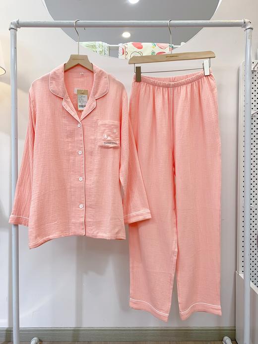 女款绉布纱长袖套装 大码男女情侣款睡衣全棉纱布纯色长袖长裤家居服松植屋品牌设计款 商品图12